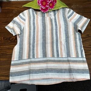 YEST Multi Stripe Short Sleeve Linen Blouse NWT